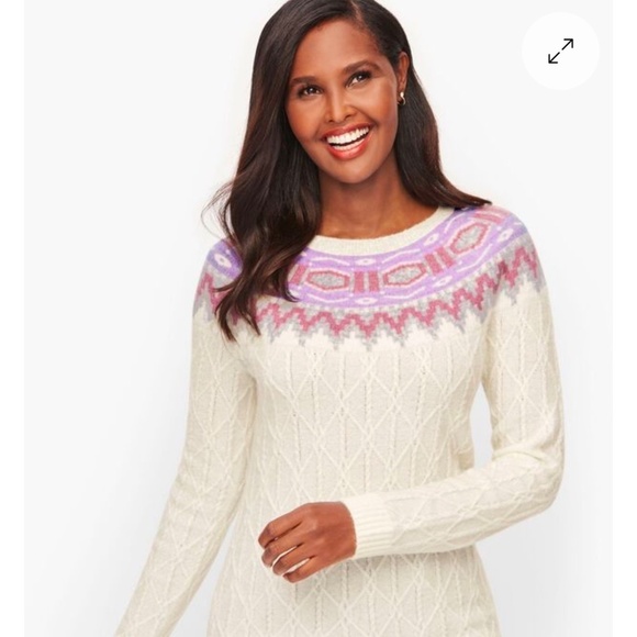 Talbots Plus Fair Isle Cable Knit Fair Isle Yoke Sweater Cream Purple Wool Blend - Picture 1 of 16
